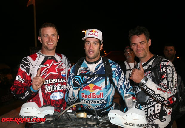 The winning JCR Honda 1x team: Quinn Cody (left), Kendall Norman (center) and team owner Johnny Campbell (right). 