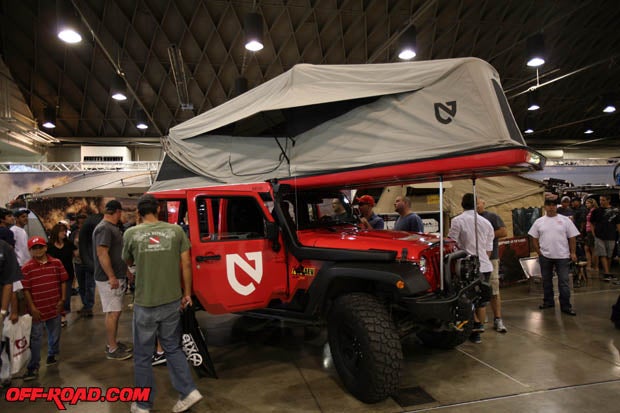There is a lot of camping-related gear and overland-style equipment at this years show. One tent Jeep JK tent receiving a lot of attention was this JK Habitat top from Overland Equipment.