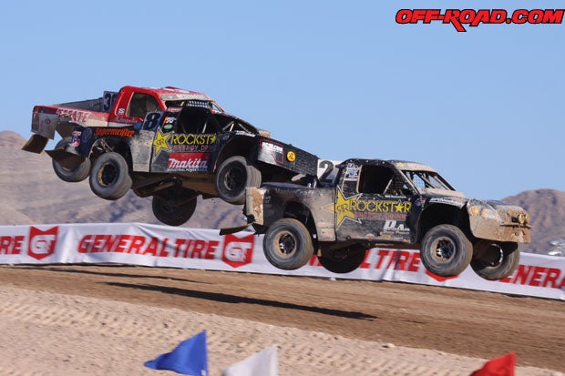 The race for first place was tight in spots, as Rob MacCachren (right) tries to hold off Rockstar Energy Drink teammate Todd LeDuc and Rodrigo Ampudia (left).