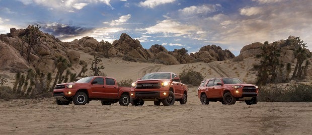 The 2015 TRD Pro lineup includes the Tacoma (left), Tundra (middle) and 4Runner (right).