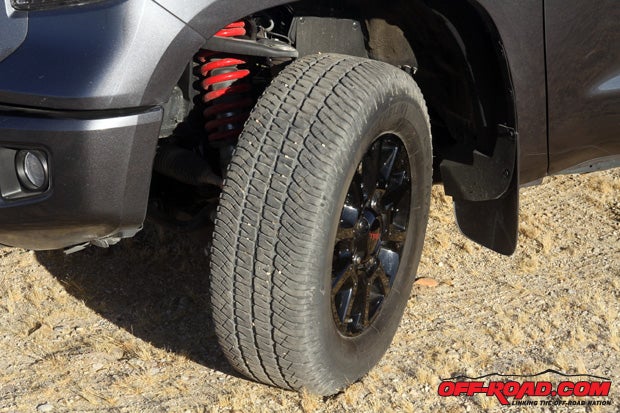 The Michelin LTX A/T2 tires on the Tundra TRD Pro are great on the highway but a bit lacking in the dirt. We'd like to see a more aggressive tread design on this off-road package.