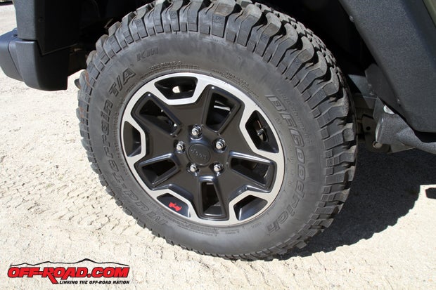 The Rubicon Hard Rock features unique 17-inch wheels that are fitted with LT255/75R17 BFGoodrich Mud-Terrain KM tires.