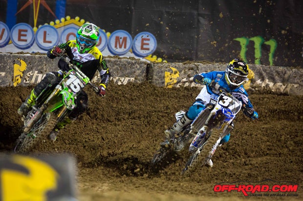 Dean Wilson (15) and Cooper Webb (37) battled in the 250cc Western Region finale, with Wilson ultimately holding off Webb for the win.