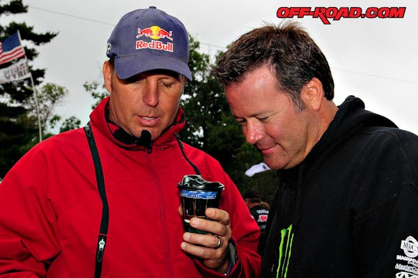 Friends off the track, competitors on. Ricky Johnson and Robby Gordon hang out at the parade the day before racing. 