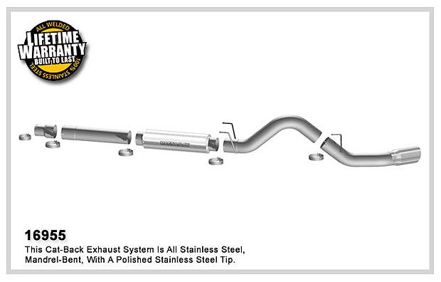 MagnaFlow Performance diesel systems are the premium line featuring a [olished 100% stainless-steel muffler and mandrel-bent stainless steel tubing with a double wall tip. They also offer a Lifetime Warranty.