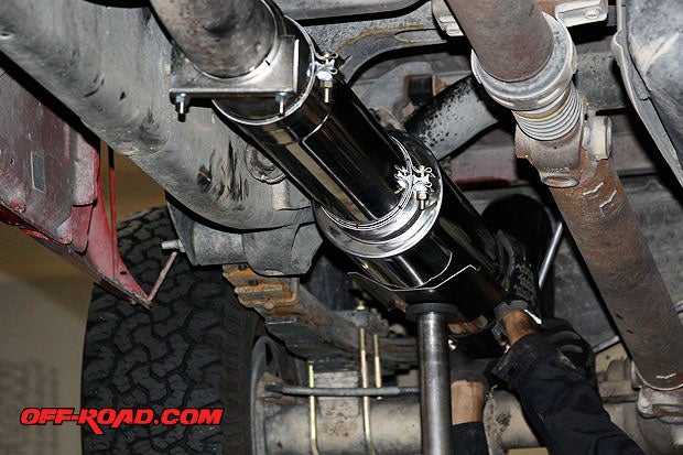 Getting everything lined up, Jose started slipping the stainless steel pipe together. The 25-inch pipe section in front of the muffler is used on long-bed and Mega Cab models only.
